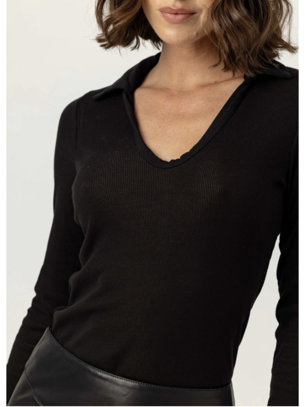 SUNDAYS By Wearersundays Black Ribbed Jamie Tee Long Sleeve Stretch Fitted Top